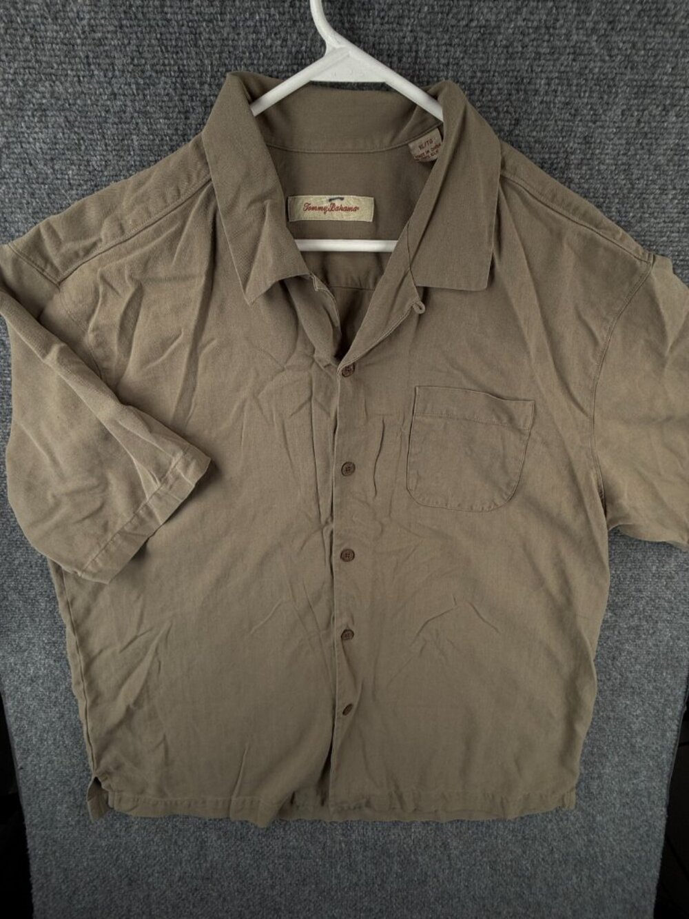 Tommy Bahama All Silk Button Up Shirt Camp Short Sleeve Beige XL Herringbone